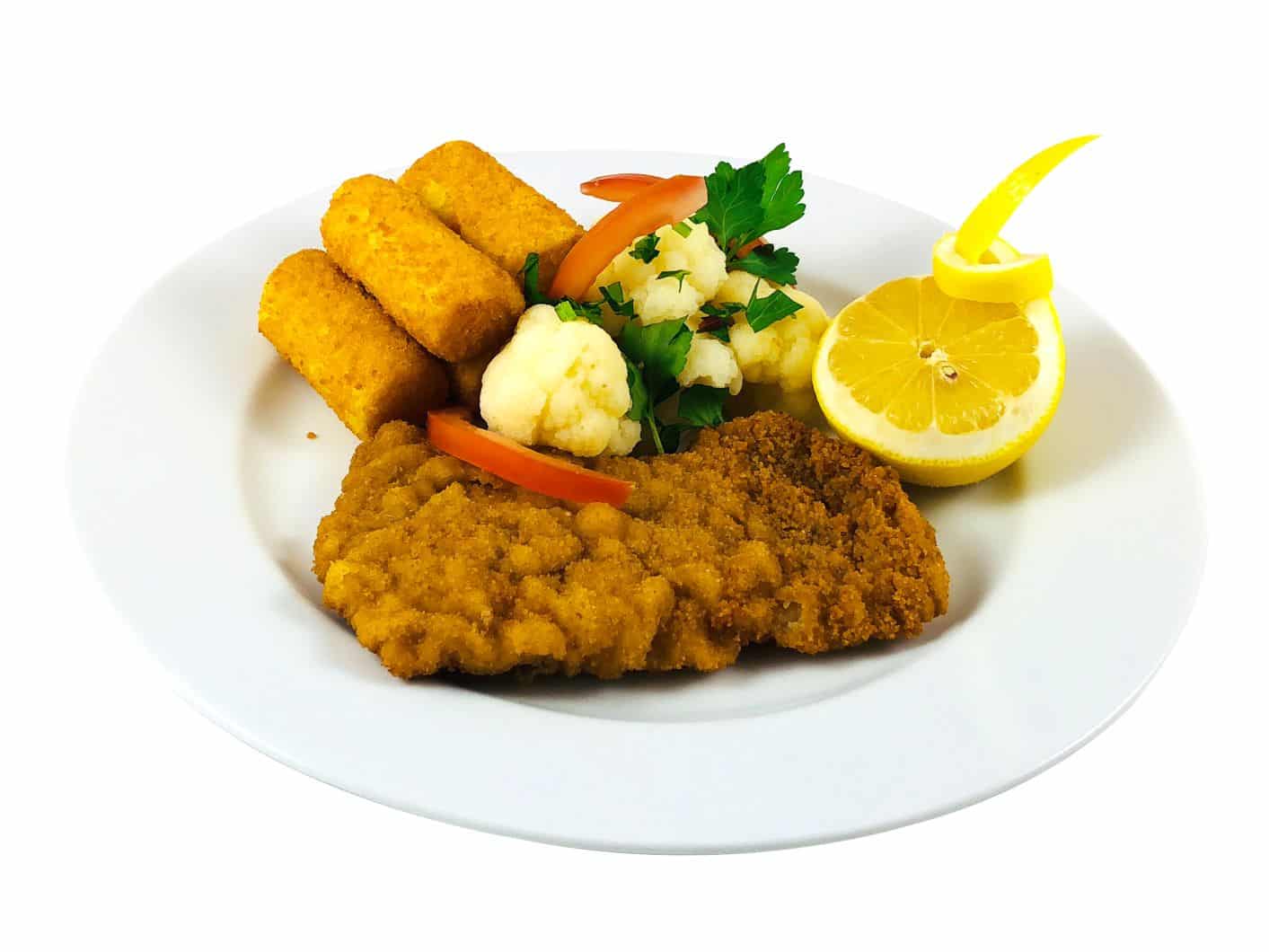 Putenschnitzel mit Blumenkohl und Kroketten - bärlifood Business Catering