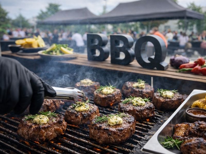 Barbecue Catering Berlin Live Grill Rindersteaks auf dem Grill beim Barbecue Catering Berlin auf Firmenveranstaltung