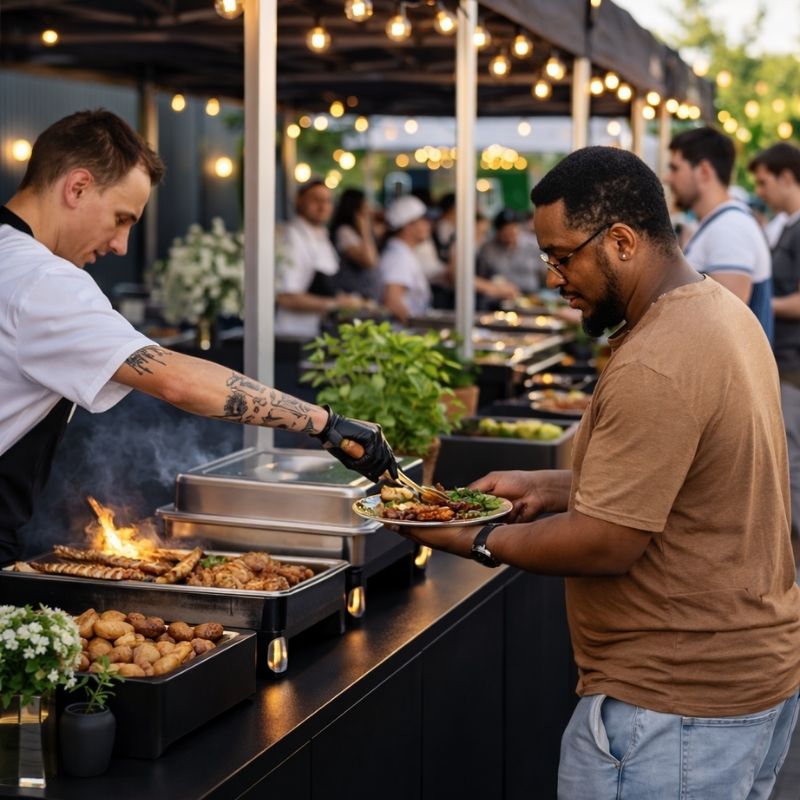Catering Grill Berlin Live Food Station Live Ausgabe von Grillgerichten beim Catering Grill Berlin auf Firmenveranstaltung