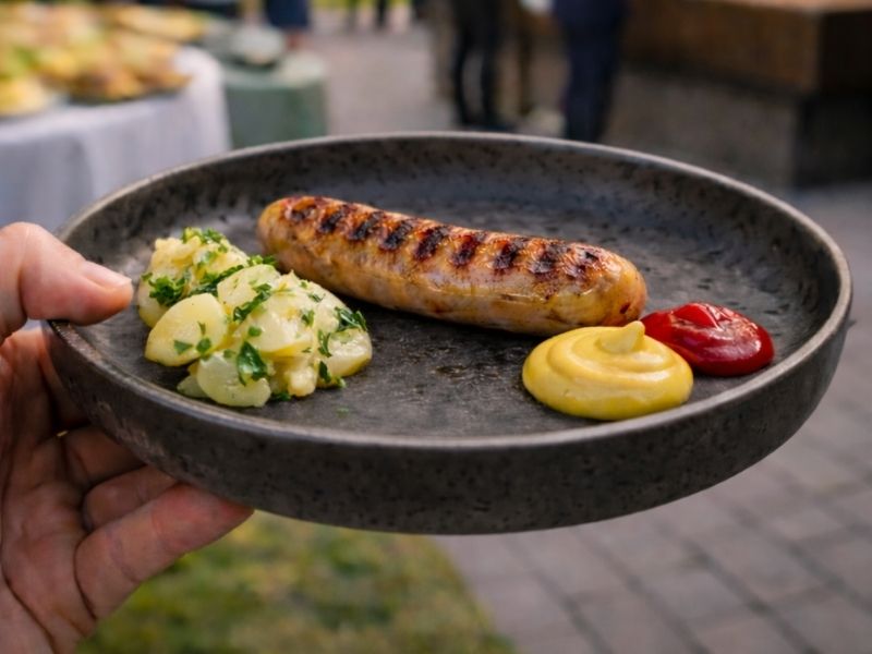 Grillcatering Berlin Bratwurst vom Live Grill Gegrillte Bratwurst mit Kartoffelsalat und Saucen beim Grillcatering Berlin auf Firmenveranstaltung