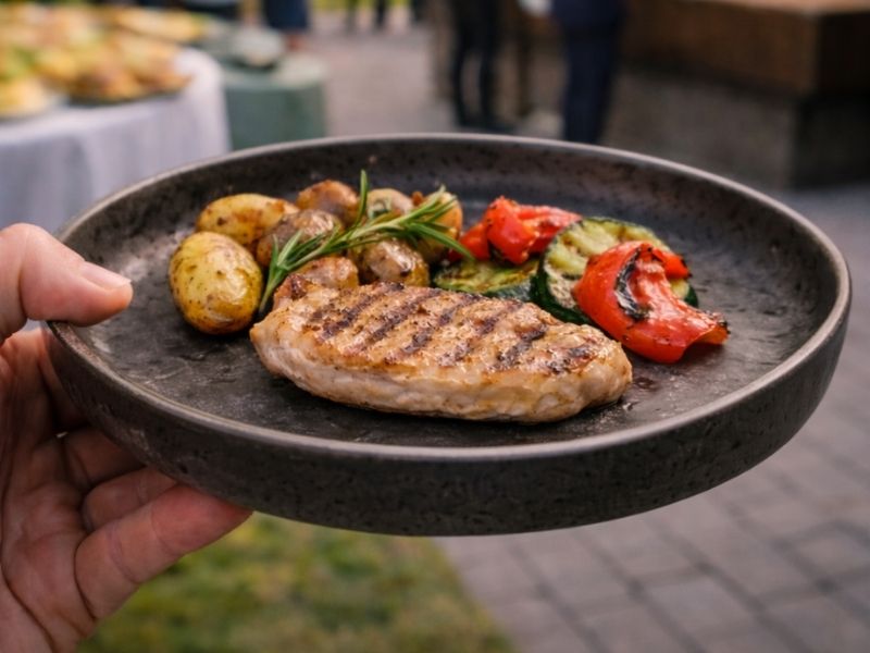 Grillcatering Berlin Steak vom Live Grill Gegrilltes Steak mit Ofenkartoffeln und Gemüse beim Grillcatering Berlin auf Firmenveranstaltung